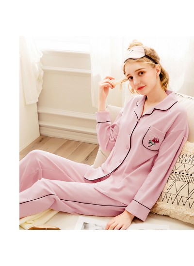 long sleeved women's cotton pink pajama sets for spring and Autumn