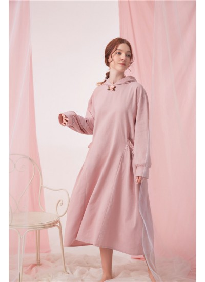 Ladies Long-sleeved Cotton Casual Hat Large Size Night Gown With Pocket For Spring and Autumn