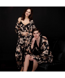 Luxury women's three-piece pajama Set in summer Long-sleeved Men's pajama and bathrobe