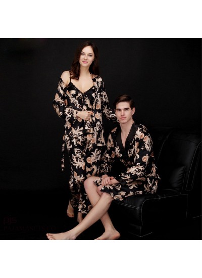 Luxury women's three-piece pajama Set in summer Long-sleeved Men's pajama and bathrobe