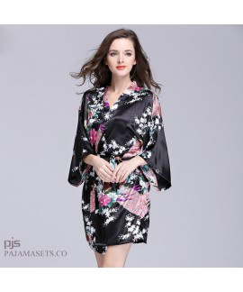 Plus Size Simulated Silky women Sleepwear Lady Peacock Bathrobe and pajama for spring