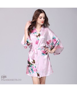 Plus Size Simulated Silky women Sleepwear Lady Peacock Bathrobe and pajama for spring