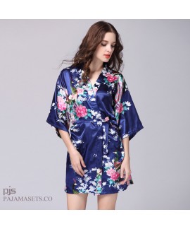 Plus Size Simulated Silky women Sleepwear Lady Peacock Bathrobe and pajama for spring