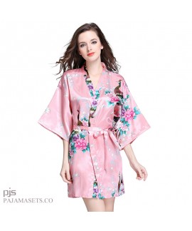 Plus Size Simulated Silky women Sleepwear Lady Peacock Bathrobe and pajama for spring