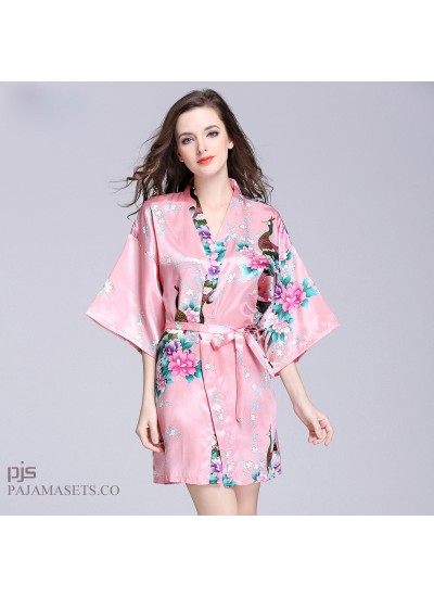 Plus Size Simulated Silky women Sleepwear Lady Peacock Bathrobe and pajama for spring