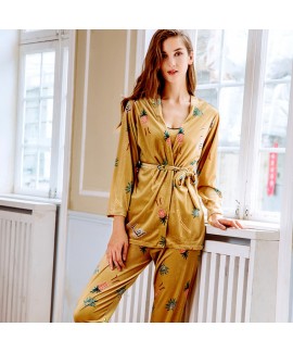 Winter pyjamas three-piece printed gold velvet household pajama sets