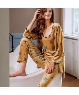 Winter pyjamas three-piece printed gold velvet hou...