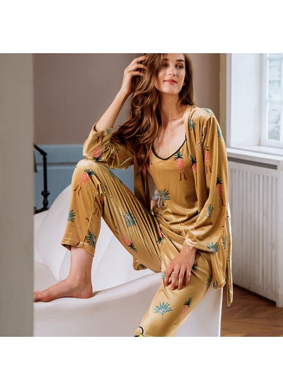 Winter pyjamas three-piece printed gold velvet household pajama sets