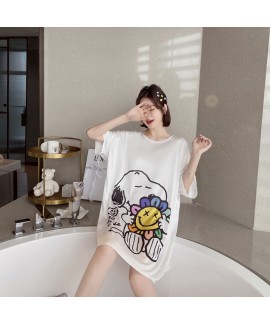 Ice silk Autumn thin sexy boyfriend style short-sleeved loose Cartoon Women's Nightdress