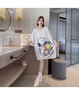 Ice silk Autumn thin sexy boyfriend style short-sleeved loose Cartoon Women's Nightdress