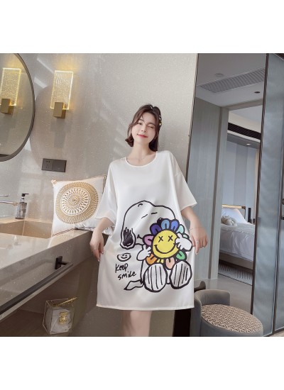 Ice silk Autumn thin sexy boyfriend style short-sleeved loose Cartoon Women's Nightdress