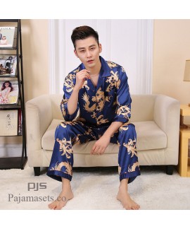 New Simulated Silk Men's Long Sleeve Lacing pajama sets for spring males comfy set pjs with Dragon Printing