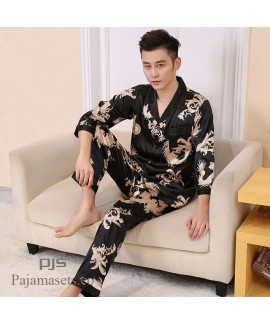 New Simulated Silk Men's Long Sleeve Lacing pajama...