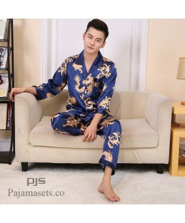 New Simulated Silk Men's Long Sleeve Lacing pajama sets for spring males comfy set pjs with Dragon Printing