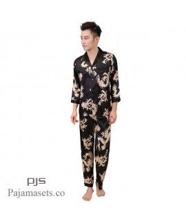 New Simulated Silk Men's Long Sleeve Lacing pajama sets for spring males comfy set pjs with Dragon Printing