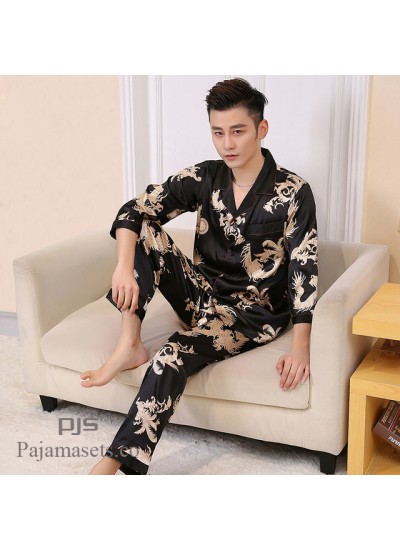 New Simulated Silk Men's Long Sleeve Lacing pajama sets for spring males comfy set pjs with Dragon Printing