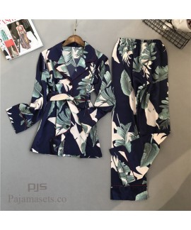 2019 New Long sleeved Turn-collar set pjs Female for spring comfy Ice Silk Printed lounge pajamas for women