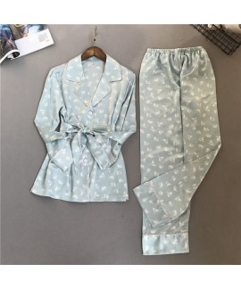 2019 New Long sleeved Turn-collar set pjs Female for spring comfy Ice Silk Printed lounge pajamas for women