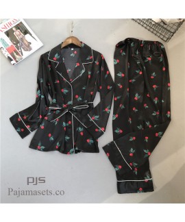 2019 New Long sleeved Turn-collar set pjs Female for spring comfy Ice Silk Printed lounge pajamas for women