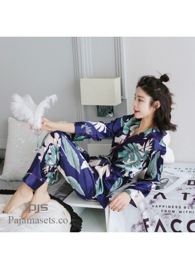 2019 New Long sleeved Turn-collar set pjs Female for spring comfy Ice Silk Printed lounge pajamas for women