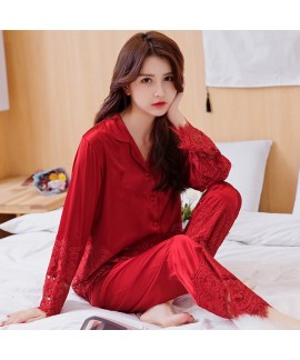 New silk like two sets pjs for spring comfy red wo...