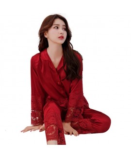 New silk like two sets pjs for spring comfy red women's satin pajama sets