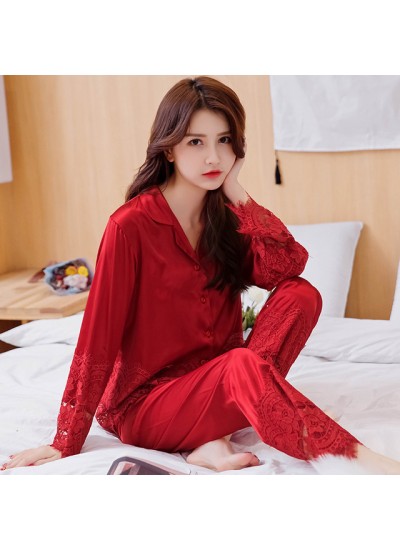 New silk like two sets pjs for spring comfy red women's satin pajama sets