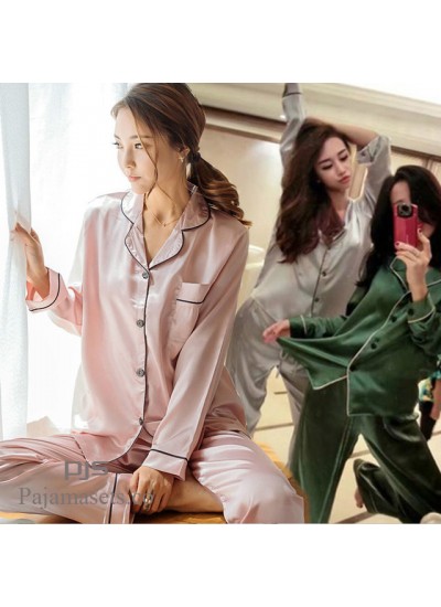 New Long Sleeve Lady's sleepwear sets for spring comfy Silk like Two-piece Set pjs
