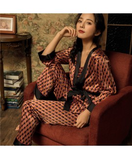 New loose-sleeved ice silk pajamas for spring three sets of printed nightgowns