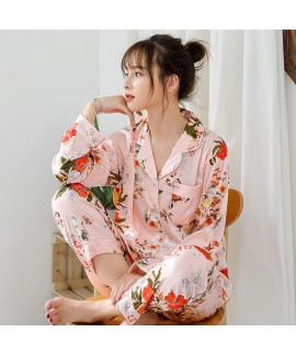 long-sleeved New printed cardigan silk-like pajama set in winter