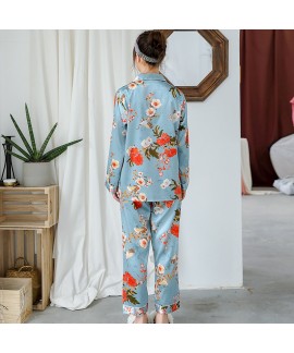 long-sleeved New printed cardigan silk-like pajama set in winter