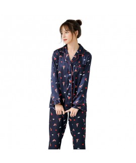 long-sleeved New printed cardigan silk-like pajama set in winter