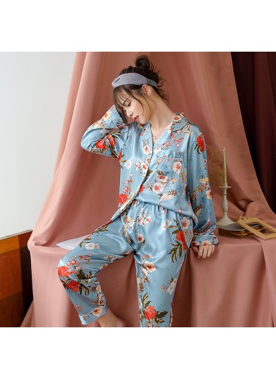 long-sleeved New printed cardigan silk-like pajama set in winter