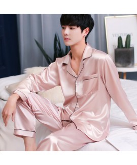 Long sleeved mens ice silk pyjamas for spring Comfortable silky nightwear male