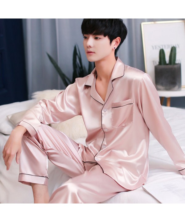 Long sleeved mens ice silk pyjamas for spring Comfortable silky