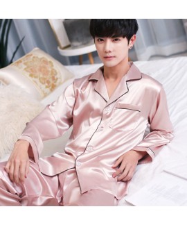 Long sleeved mens ice silk pyjamas for spring Comfortable silky nightwear male