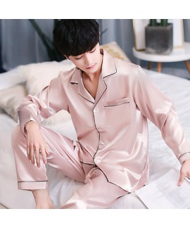 Long sleeved mens ice silk pyjamas for spring Comfortable silky nightwear male
