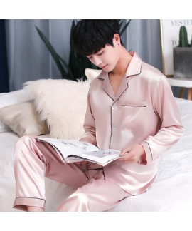 Long sleeved mens ice silk pyjamas for spring Comfortable silky nightwear male