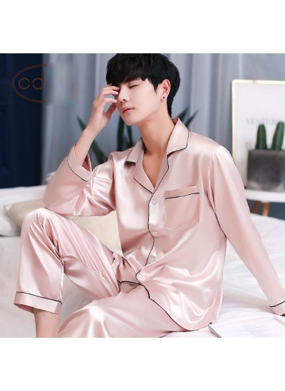 Long sleeved mens ice silk pyjamas for spring Comfortable silky nightwear male
