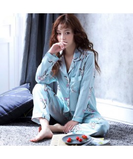 Long sleeves Sexy Satin pajama sets for women luxury Bright print silky nightwear female
