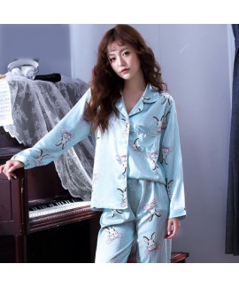 Long sleeves Sexy Satin pajama sets for women luxury Bright print silky nightwear female