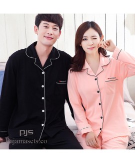 long-sleeved couple pure cotton pajamas for spring wine-red comfy lounge pajamas sets