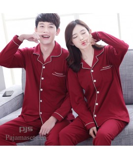 long-sleeved couple pure cotton pajamas for spring wine-red comfy lounge pajamas sets