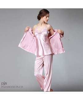 Large size Women three-piece silk pajama set long sleeved silky nightwear sets