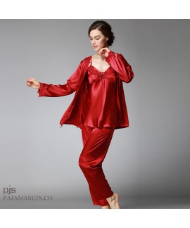 Large size Women three-piece silk pajama set long ...