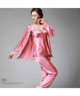 Large size Women three-piece silk pajama set long sleeved silky nightwear sets