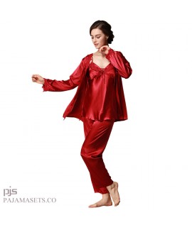 Large size Women three-piece silk pajama set long sleeved silky nightwear sets