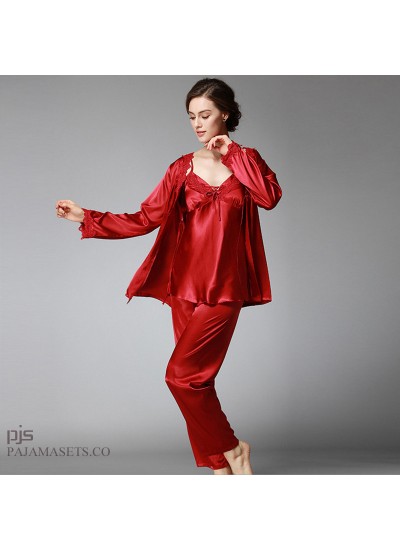 Large size Women three-piece silk pajama set long sleeved silky nightwear sets