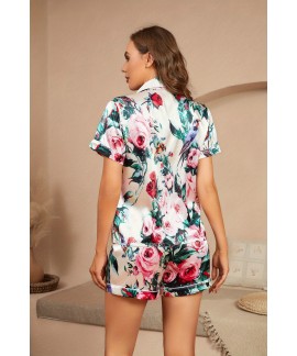 Floral Print Pajama Set, Short Sleeve Buttons Top & Elastic Waistband Shorts, Women's Sleepwear & Loungewear 