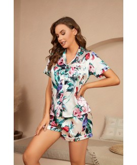 Floral Print Pajama Set, Short Sleeve Buttons Top & Elastic Waistband Shorts, Women's Sleepwear & Loungewear 